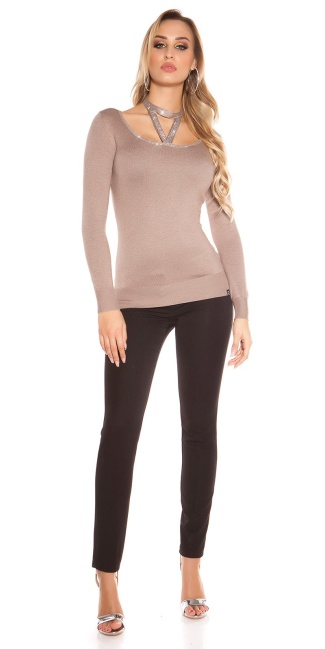 Trendy sweater with neck lacing & rivets Cappuccino